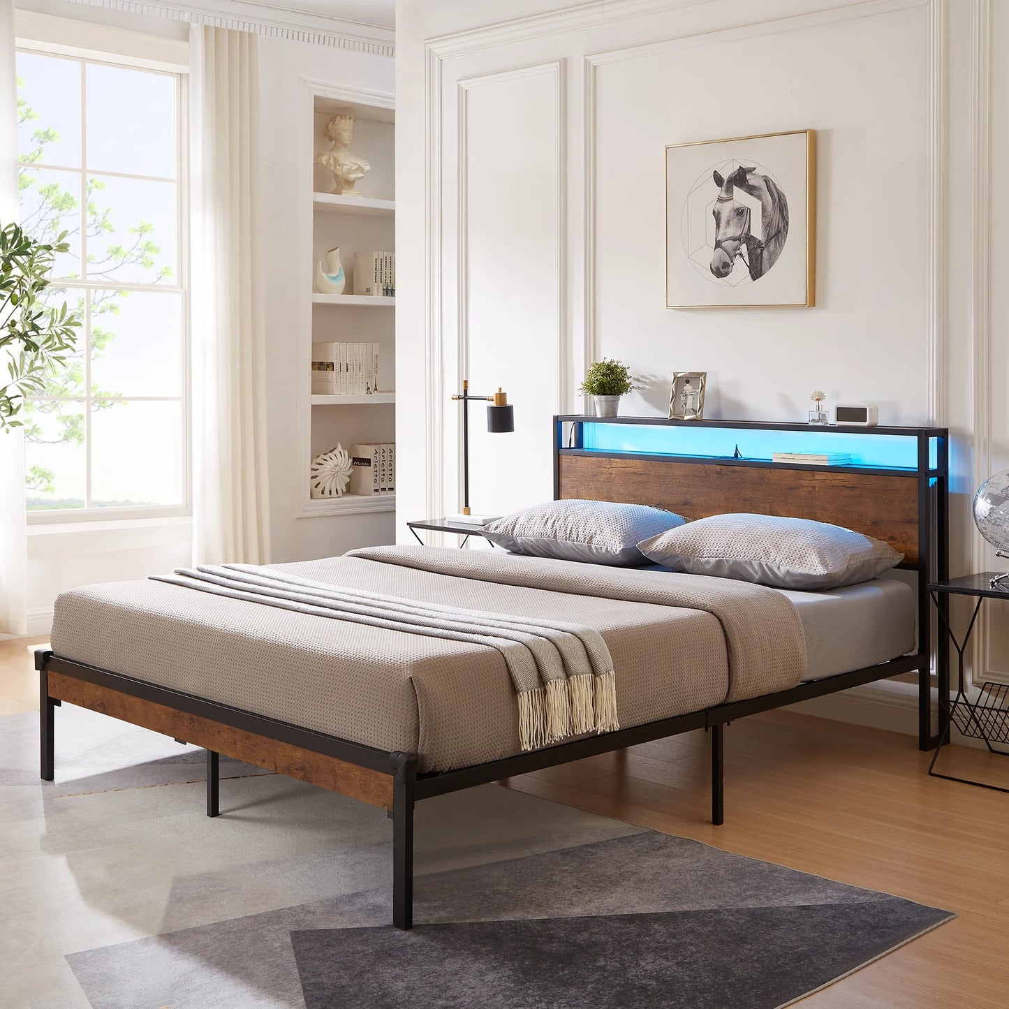 Sesslife LED Twin Size Bed Frame with Storage Headboard, Metal Platform Bed with Power Charging Station and Metal Slats, Modern Twin Bed Frame with Underbed Storage, No Box Spring Needed, Brown