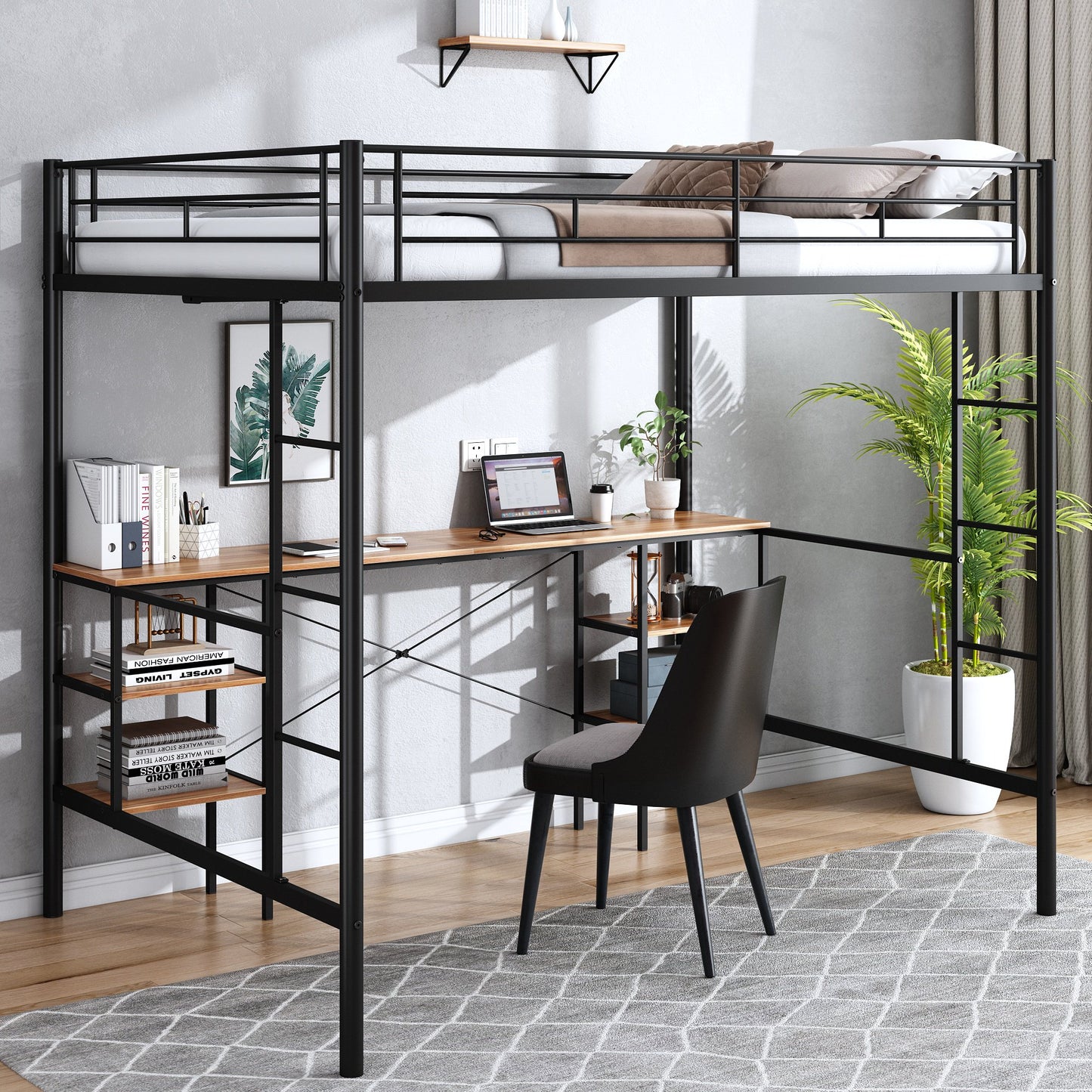 Sesslife Full Size Loft Bed with Desk, Heavy Duty Metal Bed Frame with 4 Storage Shelves, 2 Vertical Ladders and Full-Length Guardrail for Kids Teens Adults, No Box Spring Needed, Black