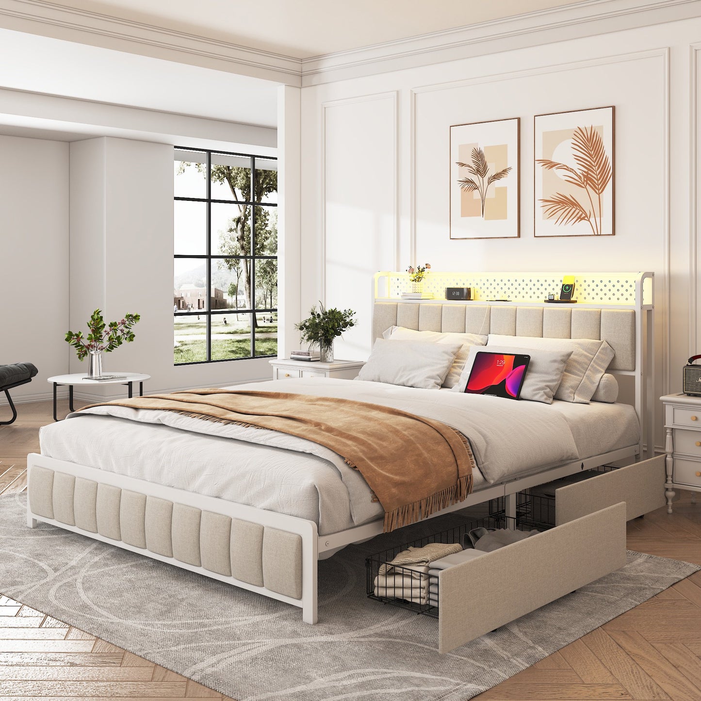 Sesslife Full Bed Frame with 4 Storage Drawers, LED Bed Frame with Upholstered Headboard and Charging Station, Heavy-Duty Metal Platform Bed with Strong Slats Support, No Box Spring Needed, Beige