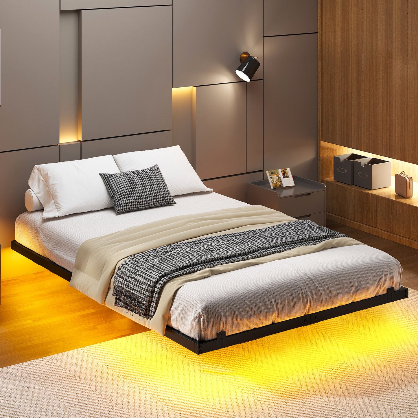 Sesslife Floating Bed Frame Full Size, Metal Platform Bed with LED Lights for Bedroom, Large Under Bed Storage, Strong Metal Slats Support, No Box Spring Needed, Easy to Assemble, Black