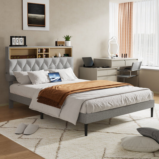 Sesslife Queen Bed Frame with Adjustable Storage Headboard, Upholstered Platform Bed with Charging Station and 2 Side Pockets, Strong Wood Slats Support, Noise Free, No Box Spring Needed, Gray