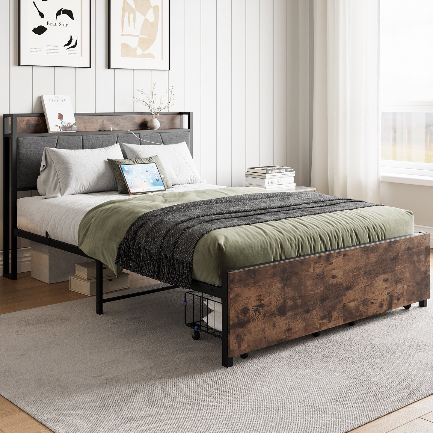Sesslife Full Size Bed Frame with Upholstered Storage Headboard, Industrial Metal Platform Bed with 2 Drawers and Charging Station, Large Underbed Storage, No Spring Box Needed, Gray