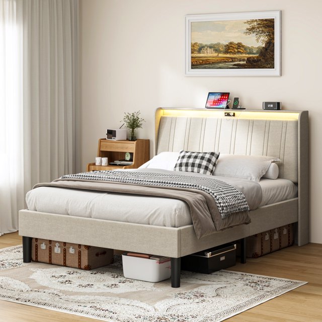Sesslife Full Size Bed Frame with LED Headboard, Upholstered Platform Bed with Charging Station, Full Bed with Large Under Bed Storage, Noise Free, Strong Slats Support, No Box Spring Needed, Beige