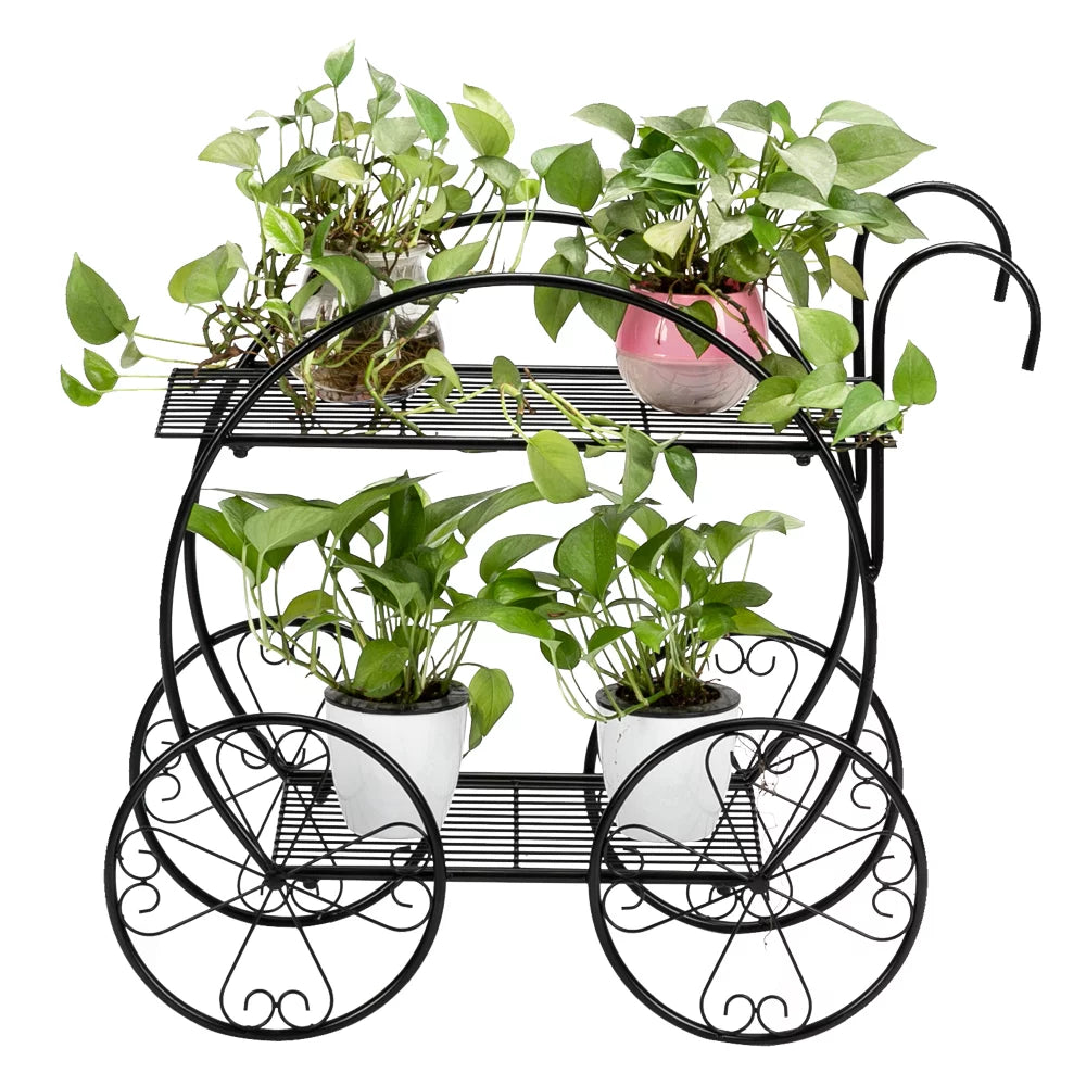 Cart Shape Plant Display Rack, Garden Cart Stand, Paint with Handle Cart Shape 2 Layer Plant Stand Black for Garden Container Outdoor Round Supports for Planter