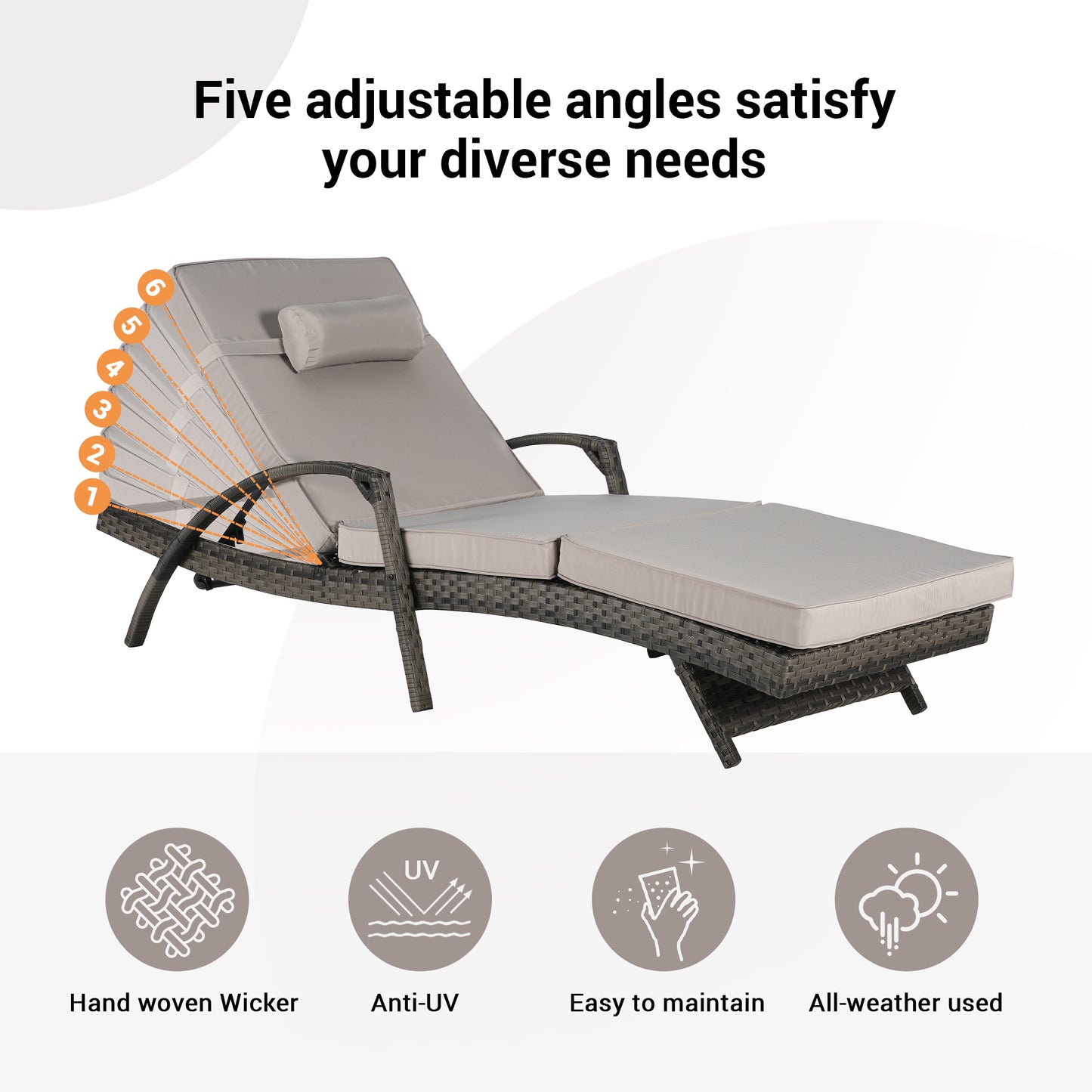 Outdoor Chaise Lounge Chair Set of 2, Rattan Patio Chaise Lounge Chair with Cushion and Arms, Modern 5-Positions Adjustable Outdoor Lounger Recliner for Poolside, Garden, Backyard, Light Gray