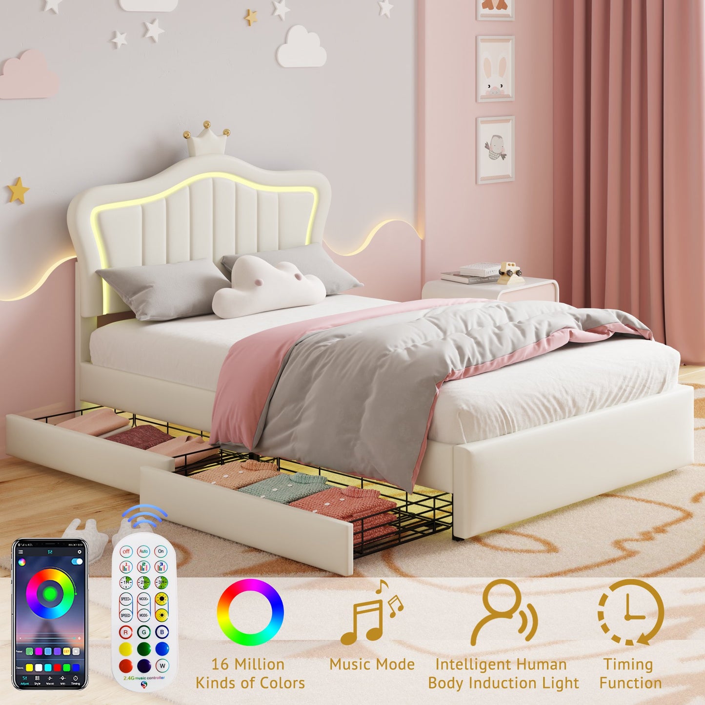 Sesslife Twin Bed Frame, Cute Upholstered Bed with LED Lights, PU Platform Bed with 2 Storage Drawers and Adjustable Crown Headboard for Kids Teens, Strong Wood Slats, No Box Spring Needed, Beige