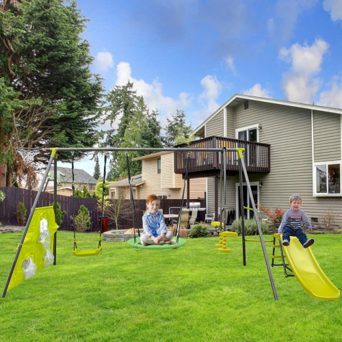 Metal Swing Set for Outside, Kids Backyard Swing Set with Swing Chair, Glider, Ground Nail, 3 In 1 Outdoor Swing Set