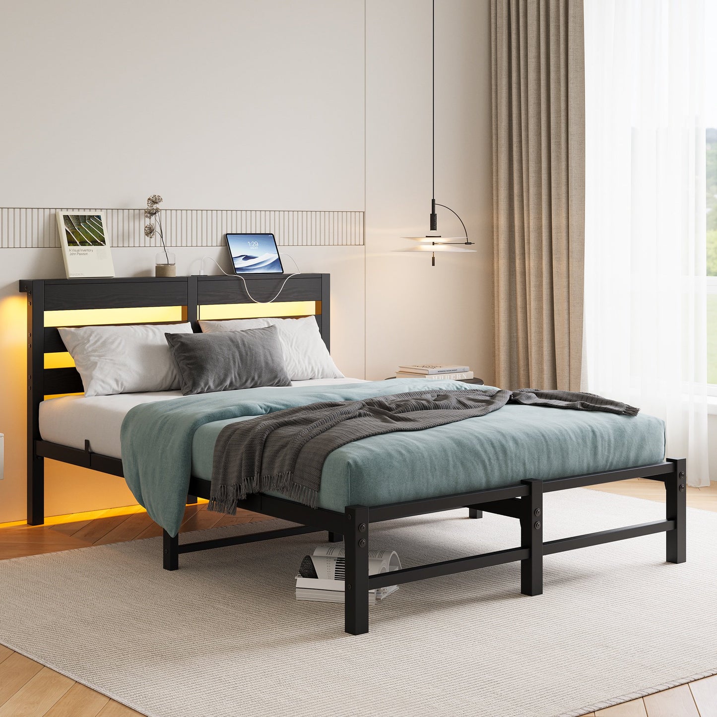 Sesslife LED Bed Frame Full Size with Wood Storage Headboard, Heavy Duty Metal Platform Bed with Charging Station, Full Bed frame with Large Underbed Storage, No Box Spring Needed, Brown