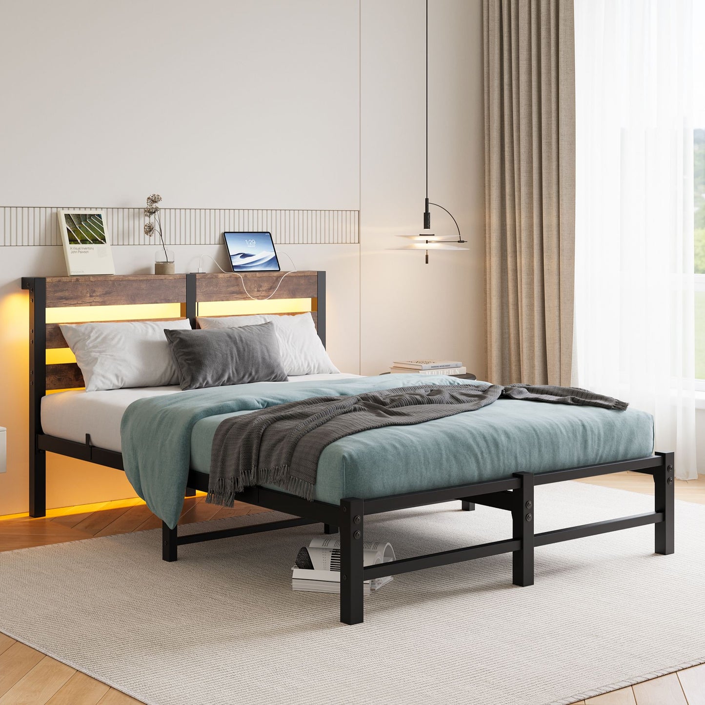 Sesslife LED Bed Frame Full Size with Wood Storage Headboard, Heavy Duty Metal Platform Bed with Charging Station, Full Bed frame with Large Underbed Storage, No Box Spring Needed, Brown