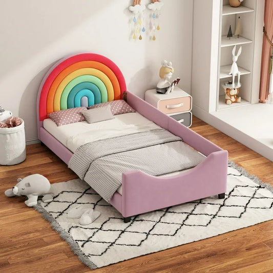 Sesslife Twin Bed Frame for Kids, Upholstered Kids Bed with Safety Fence, Cute Bed Frame with Rainbow-Shaped Headboard, Cartoon Platform Bed for Boys and Girls, No Box Spring Needed, Pink
