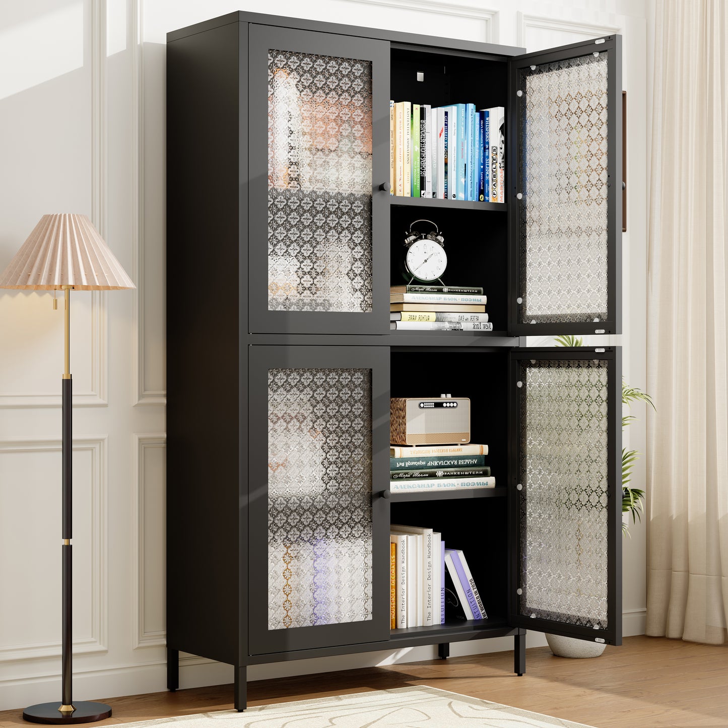 SESSLIFE 59” Classic Metal Storage Cabinet with Tempered Glass Doors and Adjustable Shelves, Freestanding Display Bookcase for Home Office, Living Room, Kitchen, Bedroom
