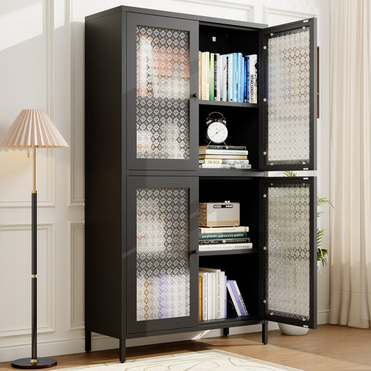 SESSLIFE 59” Classic Metal Storage Cabinet with Tempered Glass Doors and Adjustable Shelves, Freestanding Display Bookcase for Home Office, Living Room, Kitchen, Bedroom