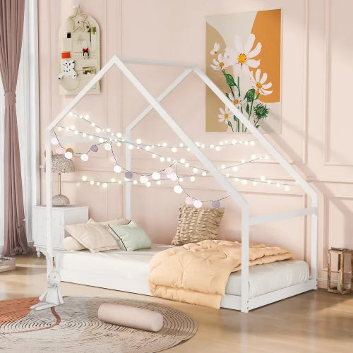 Sesslife Twin House Bed with Roof, Kids Floor House Bed Frame, Box Spring Needed, Easy Assembly, White