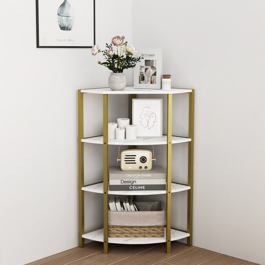 4 Tier Corner Bookshelf, Wooden Display Open Shelves with Metal Frame, Freestanding Small Plant Stand for Living Room, Home Office,