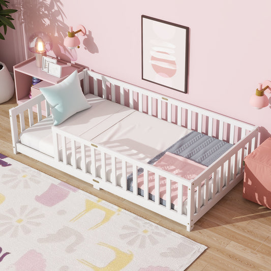 SESSLIFE Twin Size Floor Bed with Safety Fence, Low Profile Platform Bed Frame with Guardrails, Solid Wood Floor Bed with Slats, No Box Spring Needed, White