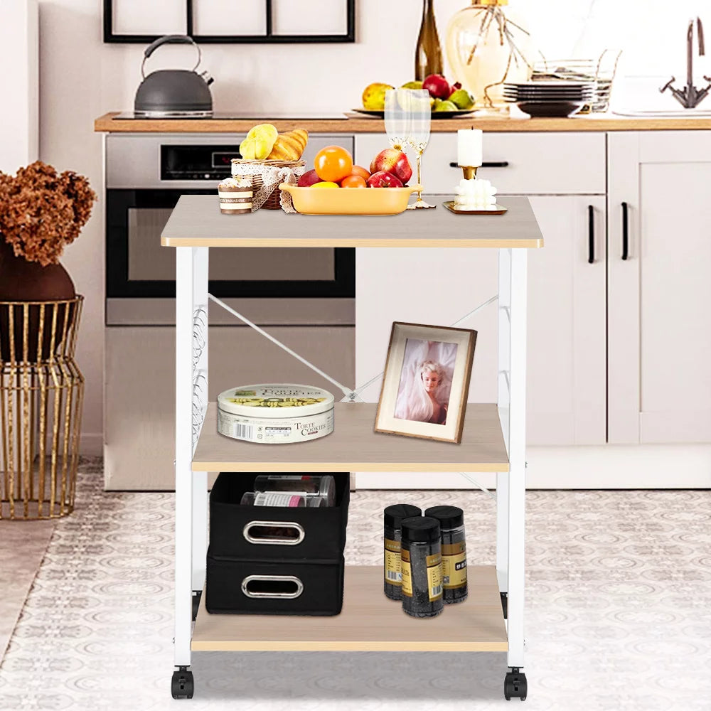 SESSLIFE 3 Tiers Kitchen Storage Cart, Kitchen Island with 4 Hooks, Black Oven Stand Coffee Bar with Metal Frame, Multifunctional Workstation for Kitchen, Living Room