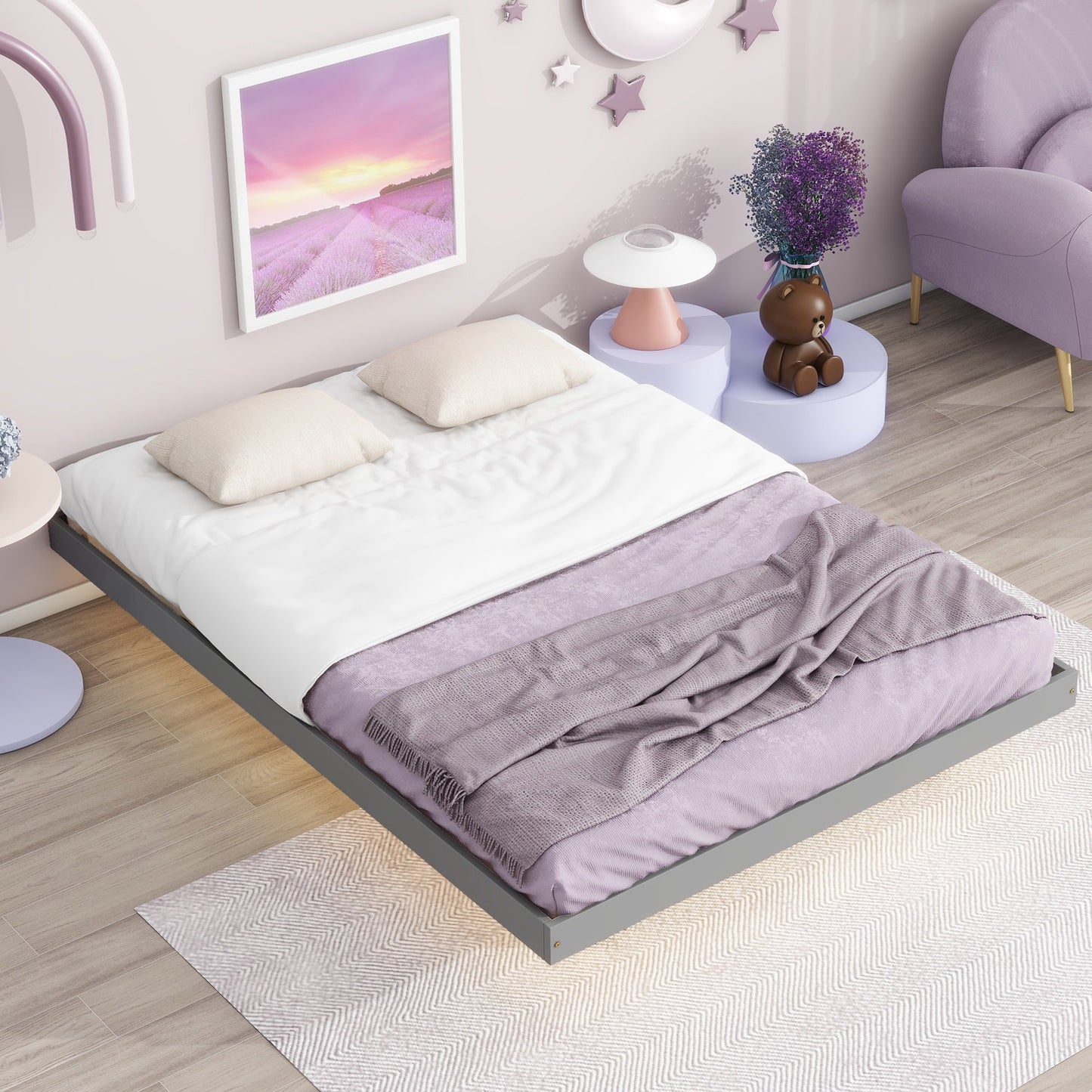 Sesslife Full Size Floating Bed Frame with LED Lights Underneath, Modern Low Profile Wood Platform Bed, Full Bed with Strong Slats Support, Easy Assembly, Noise Free, No Box Spring Needed, Gray