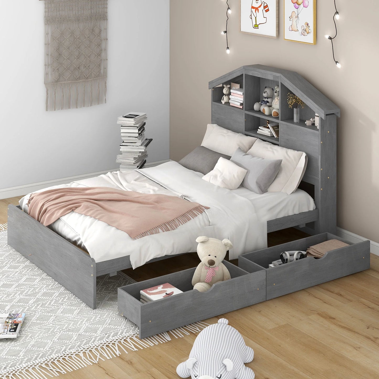 Sesslife Full Size Bed Frame with Storage for Kids, Cute Kids Bed Frame with 2 Drawers and Bookshelves, Wood Platform Bed Frame with House-shaped Headboard, No Box Spring Needed, Gray