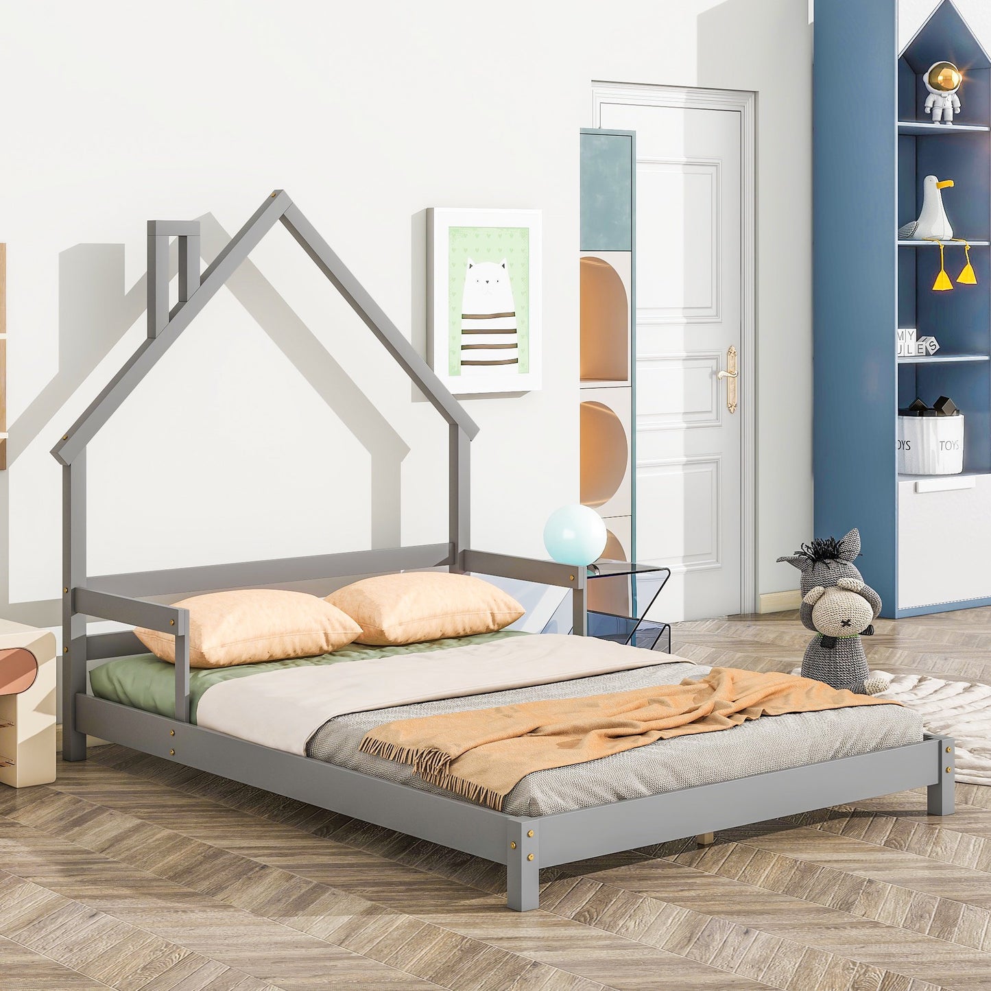 Sesslife Twin Bed Frame with House-Shape Headboard, Wood Platform Bed with Guardrail for Kids Teens, Cute Floor Bed with Strong Wood Slats Support, Easy Assembly, No Box Spring Needed, Gray