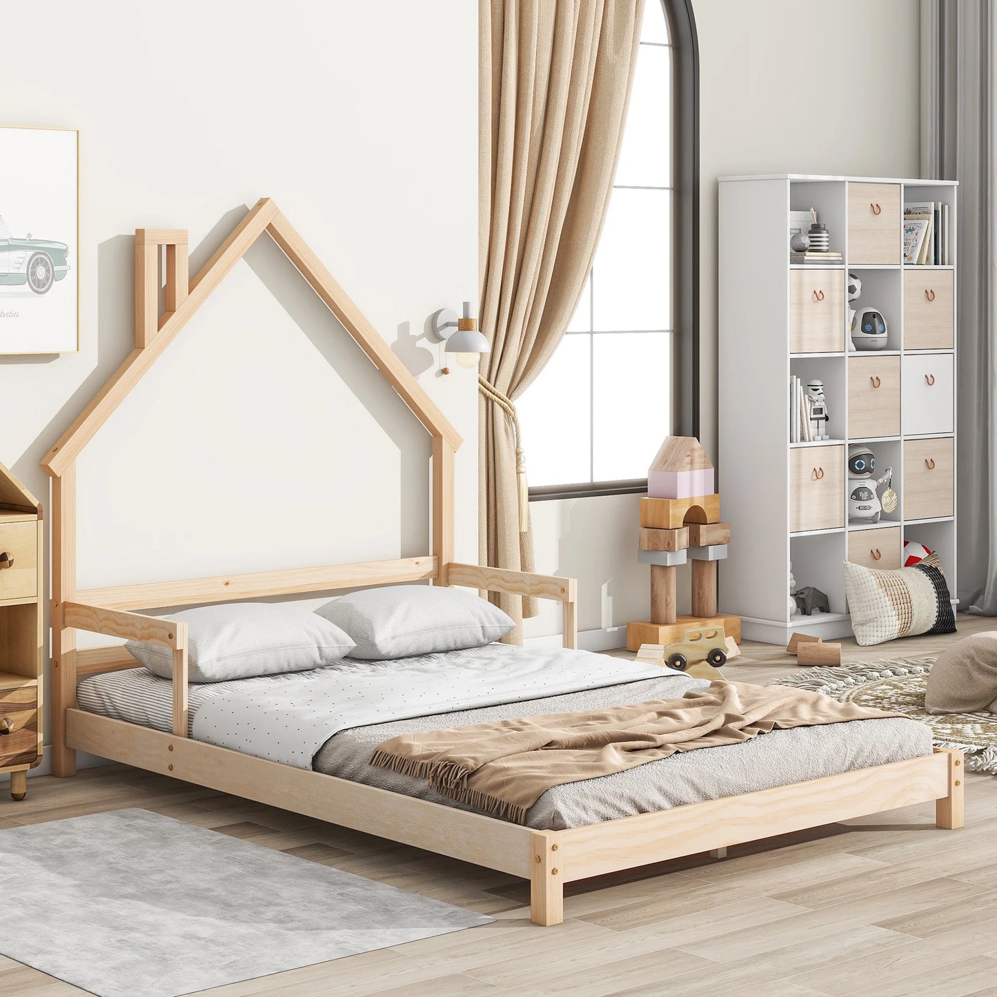 Sesslife Twin Bed Frame with House-Shape Headboard, Wood Platform Bed with Guardrail for Kids Teens, Cute Floor Bed with Strong Wood Slats Support, Easy Assembly, No Box Spring Needed, Gray