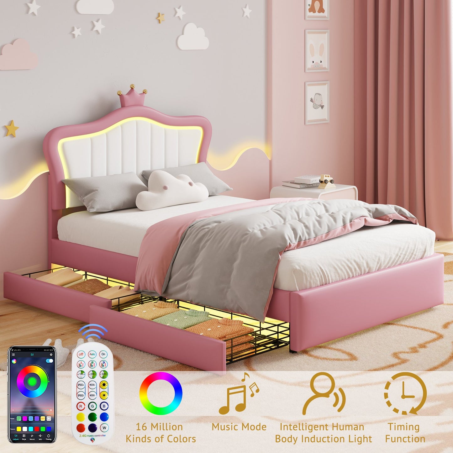 Sesslife Twin Bed Frame, Cute Upholstered Bed with LED Lights, PU Platform Bed with 2 Storage Drawers and Adjustable Crown Headboard for Kids Teens, Strong Wood Slats, No Box Spring Needed, Beige