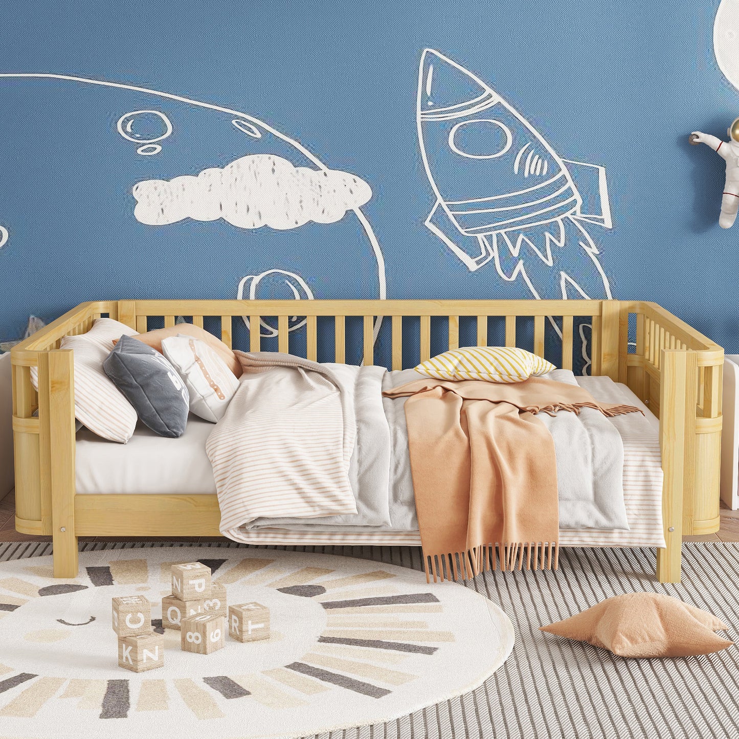 Sesslife Toddler Bed, Wood Twin Platform Bed Frame, Twin Size Bed Frame with Salts and Safety Fence for Boys Girls, Low Profile Bed Twin with Removable Guardrail, No Box Spring Needed, White
