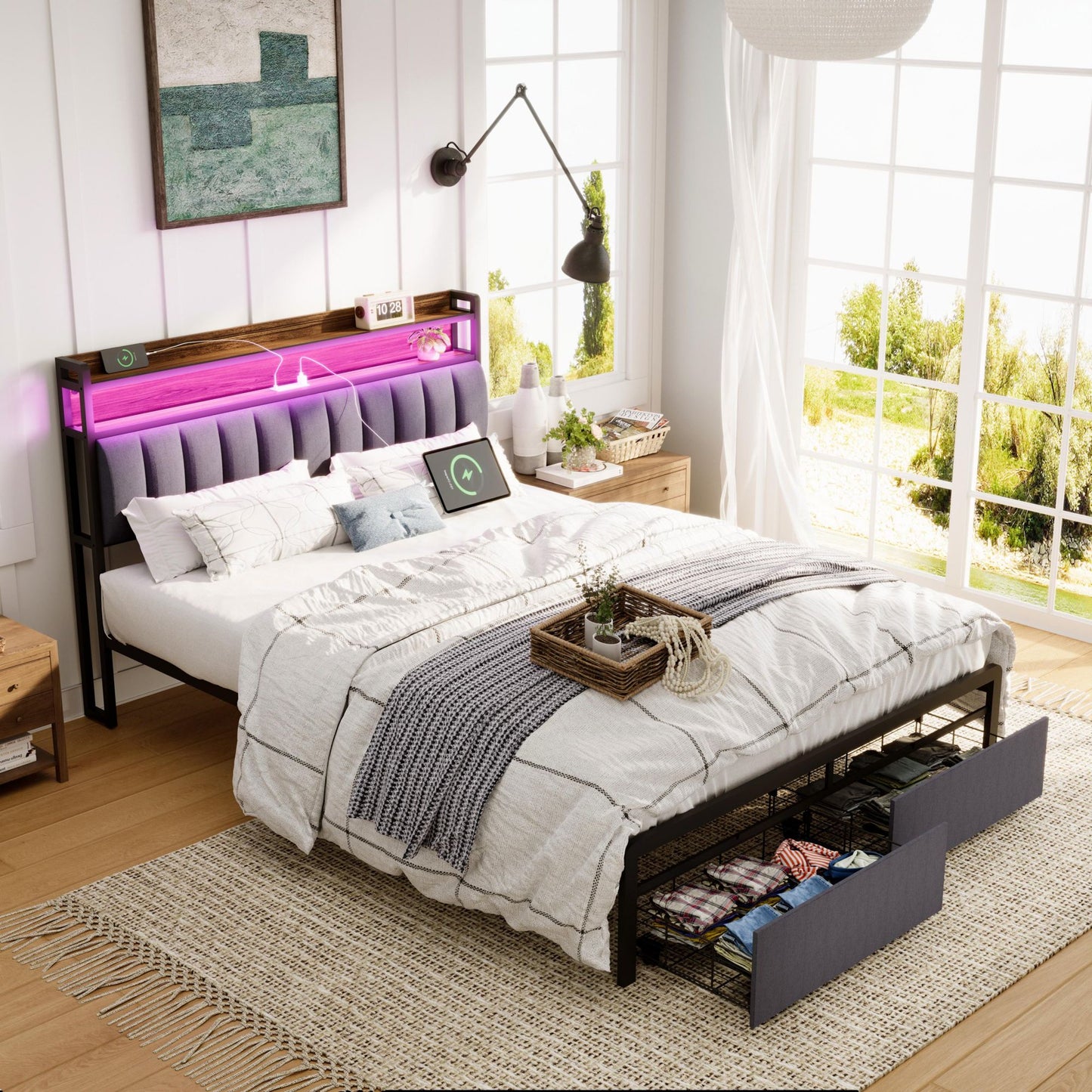 Sesslife LED Bed Frame Queen Size, Upholstered Platform Bed with 2 Tier Headboard and Charging Station, Heavy Duty Queen Bed Frames with 2 Storage Drawers for Living Room, No Box Spring Needed, Gray