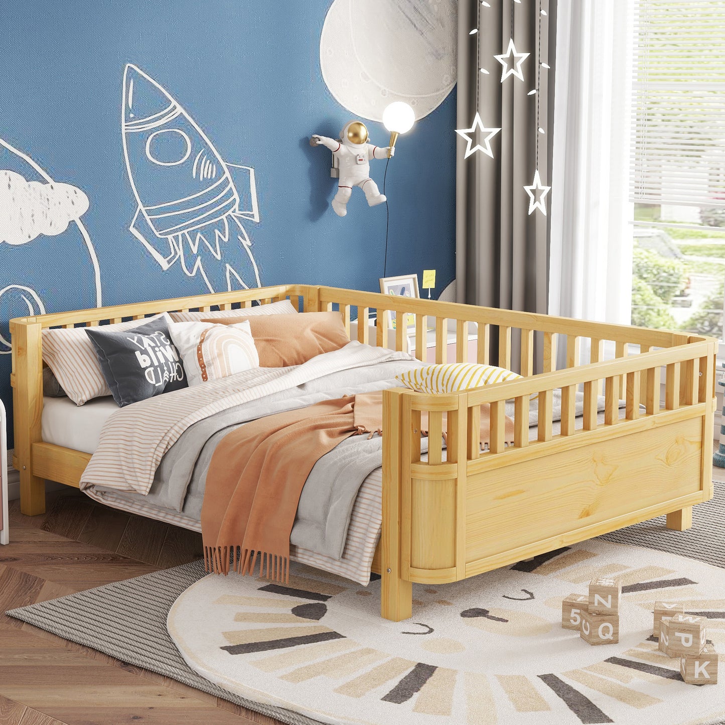 Sesslife Toddler Bed, Wood Twin Platform Bed Frame, Twin Size Bed Frame with Salts and Safety Fence for Boys Girls, Low Profile Bed Twin with Removable Guardrail, No Box Spring Needed, White