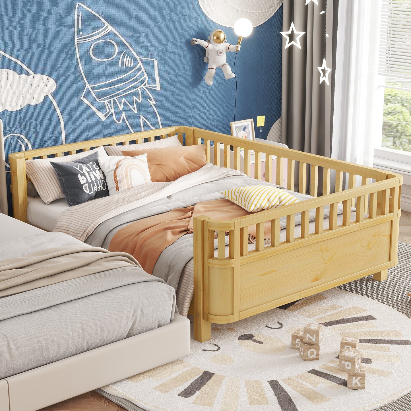 Sesslife Toddler Bed, Wood Twin Platform Bed Frame, Twin Size Bed Frame with Salts and Safety Fence for Boys Girls, Low Profile Bed Twin with Removable Guardrail, No Box Spring Needed, White