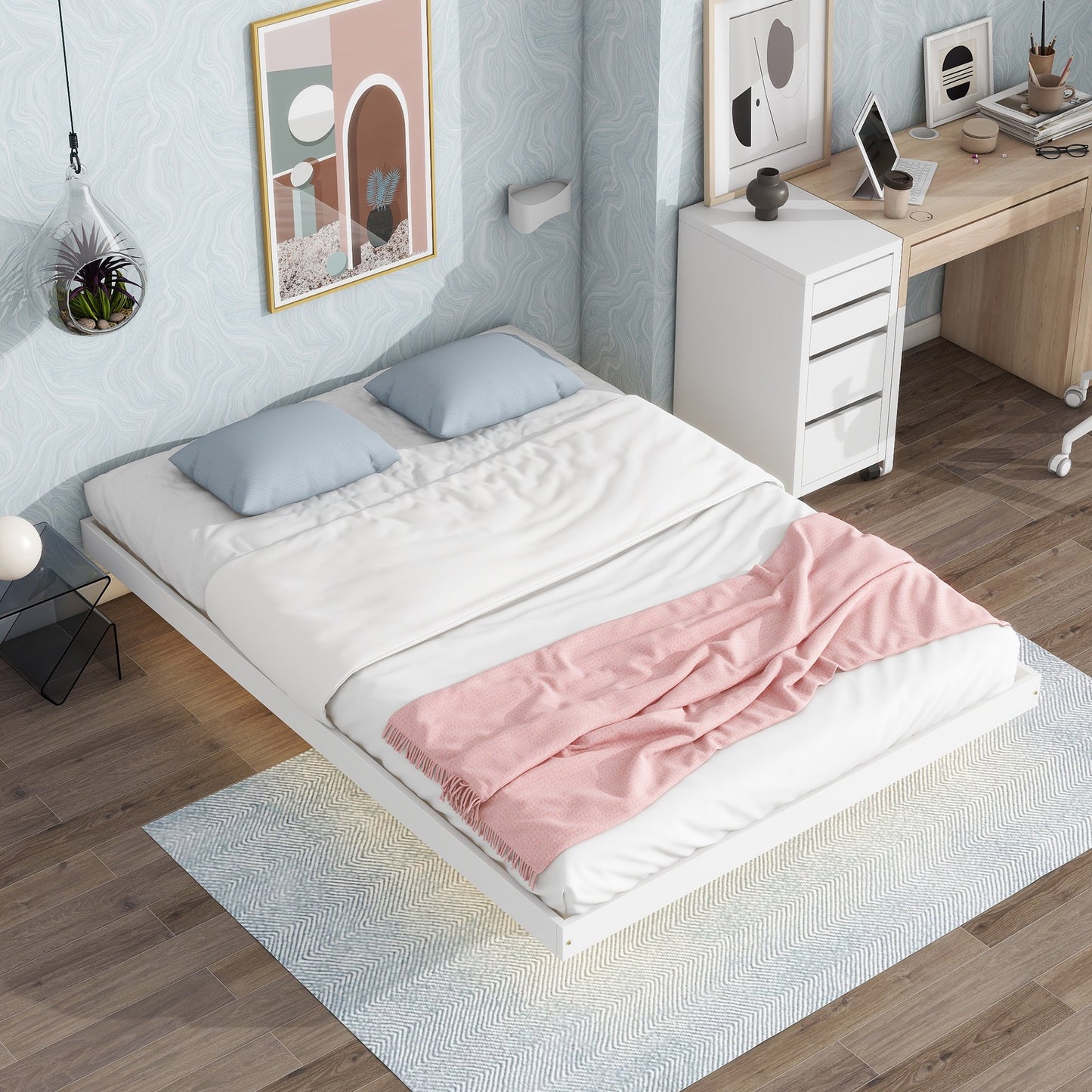 Sesslife Full Size Floating Bed Frame with LED Lights Underneath, Modern Low Profile Wood Platform Bed, Full Bed with Strong Slats Support, Easy Assembly, Noise Free, No Box Spring Needed, Gray