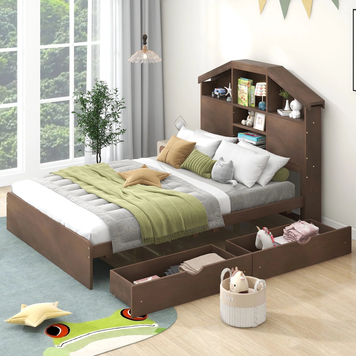 Sesslife Full Size Bed Frame with Storage for Kids, Cute Kids Bed Frame with 2 Drawers and Bookshelves, Wood Platform Bed Frame with House-shaped Headboard, No Box Spring Needed, Gray