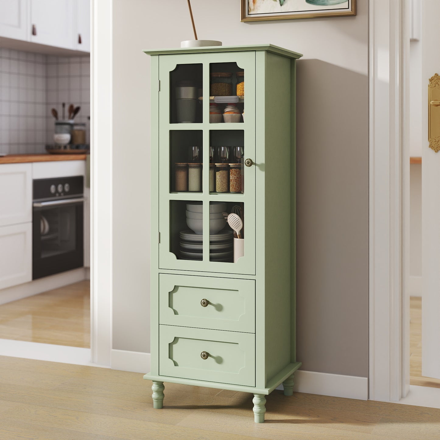 SESSLIFE Tall Pantry Cabinet with Glass Door, Narrow Kitchen Storage Cabinet with Drawers, Adjustable Shelves, Modern Farmhouse Storage Cabinet for Small Spaces, White