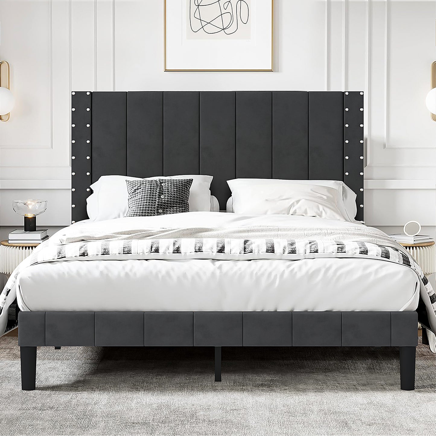 Full Bed Frame, Platform Bed Frame Full Size with Modern Flannelette Fabric Upholstered Headboard and Wooden Slats Support, Bedroom Furniture, No Box Spring Needed, Easy Assembly, Grey