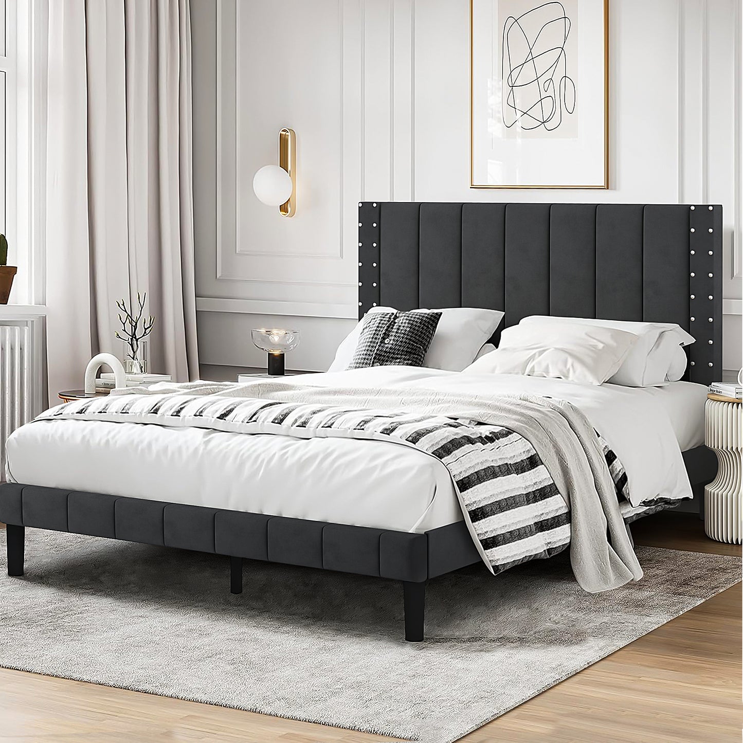 Full Bed Frame, Platform Bed Frame Full Size with Modern Flannelette Fabric Upholstered Headboard and Wooden Slats Support, Bedroom Furniture, No Box Spring Needed, Easy Assembly, Grey