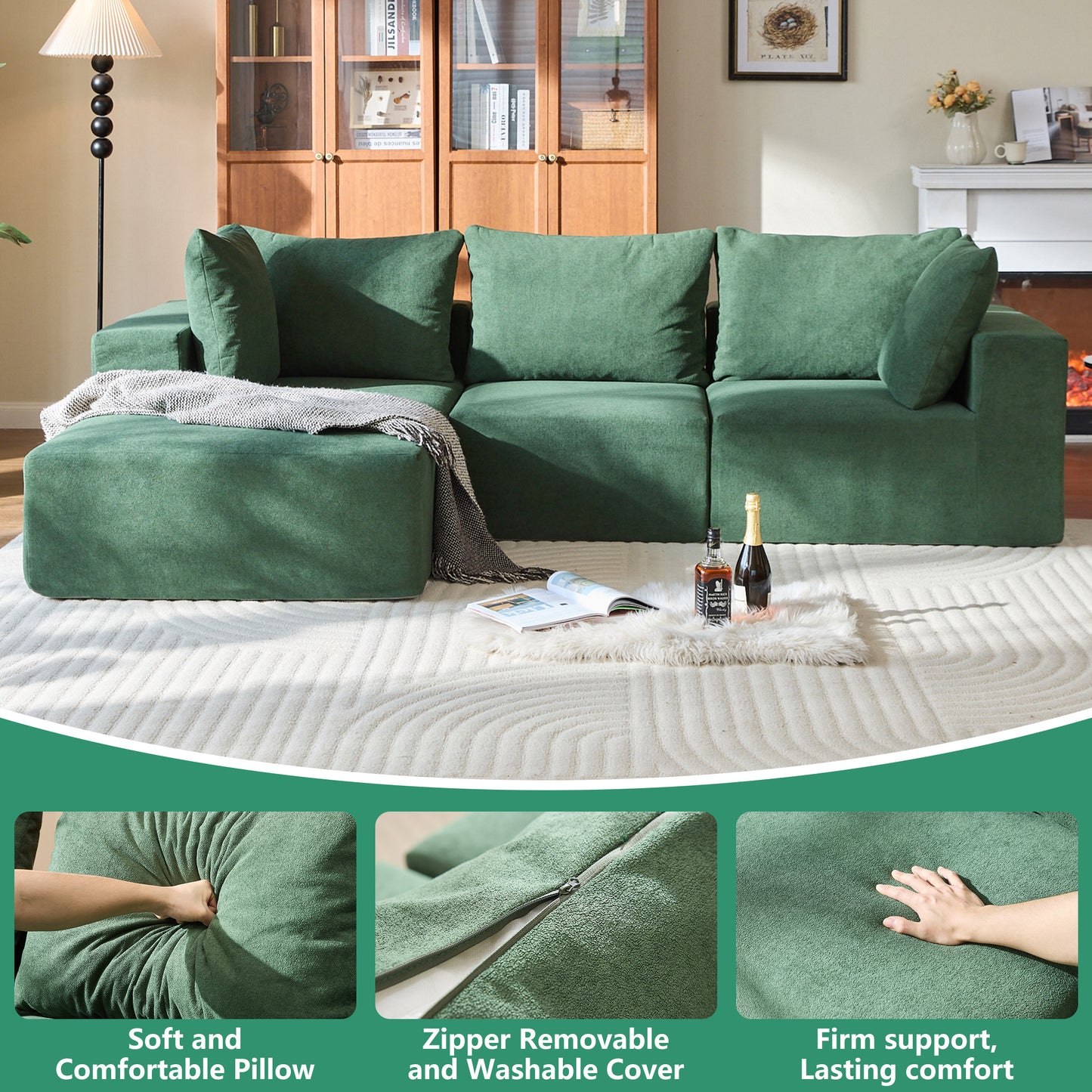 UHOMPERO Sectional Cloud Couch with Chaise and Deep Seat, 111" Oversized L-Shape Stable Sectional Cloud Sofa for Living Room, No Assembly Required, Green