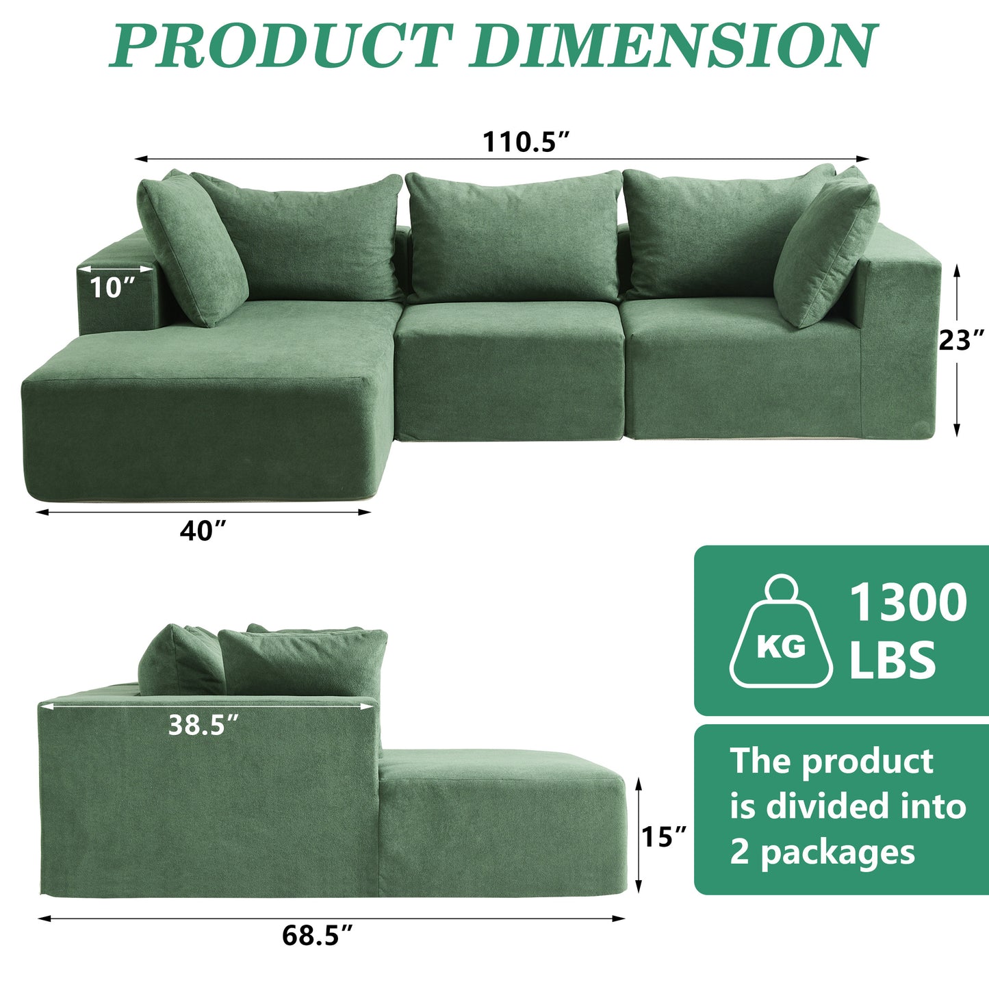 UHOMPERO Sectional Cloud Couch with Chaise and Deep Seat, 111" Oversized L-Shape Stable Sectional Cloud Sofa for Living Room, No Assembly Required, Green