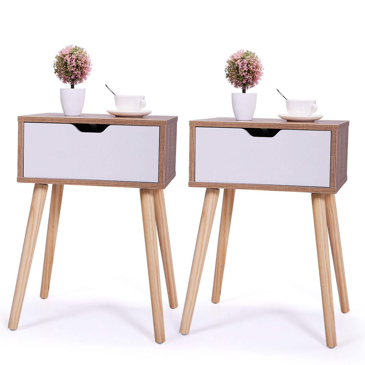 Sesslife Nightstand Set of 2 with a Drawer, Solid Wood Legs Furniture Bedside Table, Modern End Side Table, Versatile Nightstand, Corner Storage Cabinet for Bedroom Sofa Entryway, White+Natural