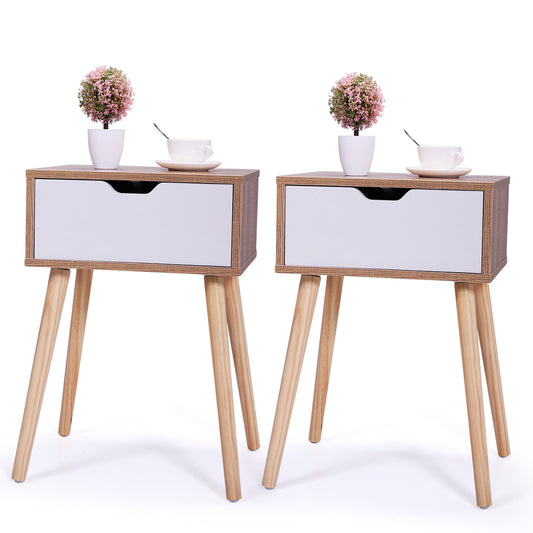 Sesslife Nightstand Set of 2 with a Drawer, Solid Wood Legs Furniture Bedside Table, Modern End Side Table, Versatile Nightstand, Corner Storage Cabinet for Bedroom Sofa Entryway, White+Natural
