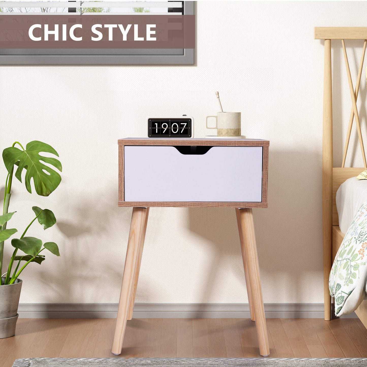 Sesslife Nightstand Set of 2 with a Drawer, Solid Wood Legs Furniture Bedside Table, Modern End Side Table, Versatile Nightstand, Corner Storage Cabinet for Bedroom Sofa Entryway, White+Natural