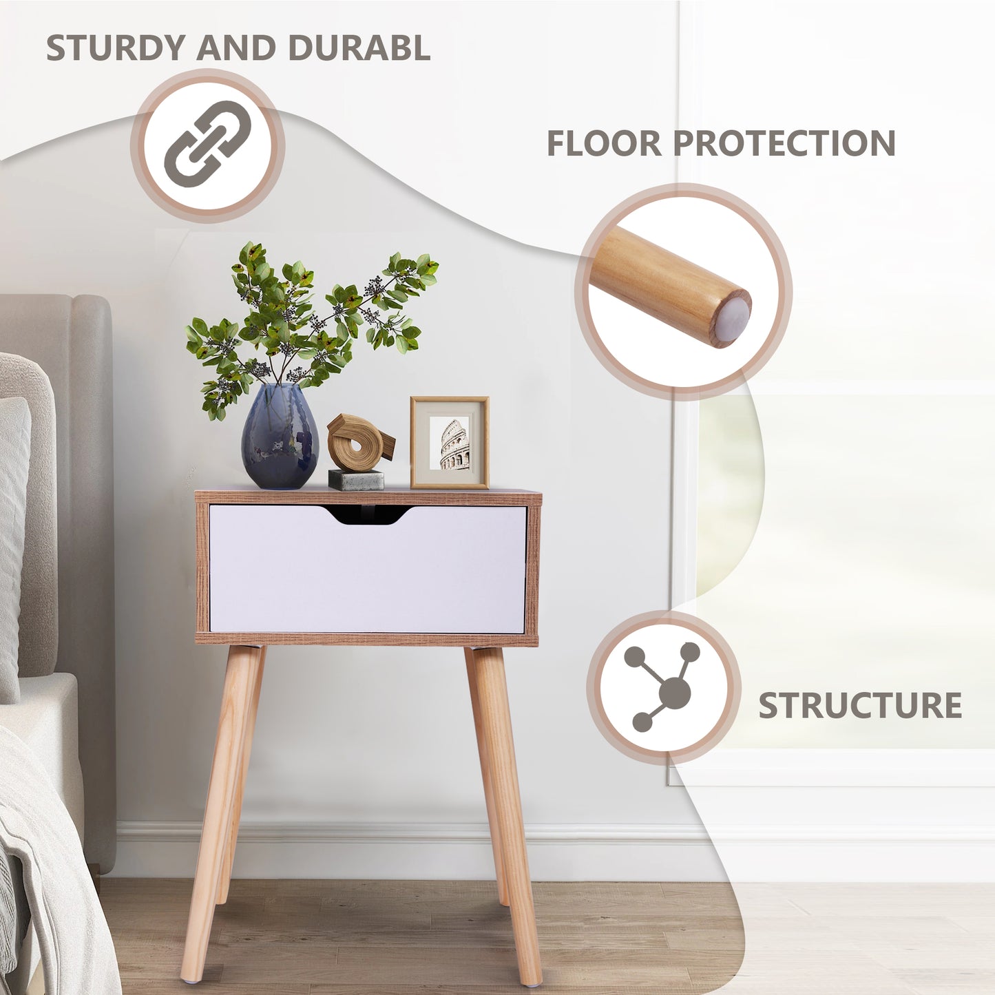 Sesslife Nightstand Set of 2 with a Drawer, Solid Wood Legs Furniture Bedside Table, Modern End Side Table, Versatile Nightstand, Corner Storage Cabinet for Bedroom Sofa Entryway, White+Natural
