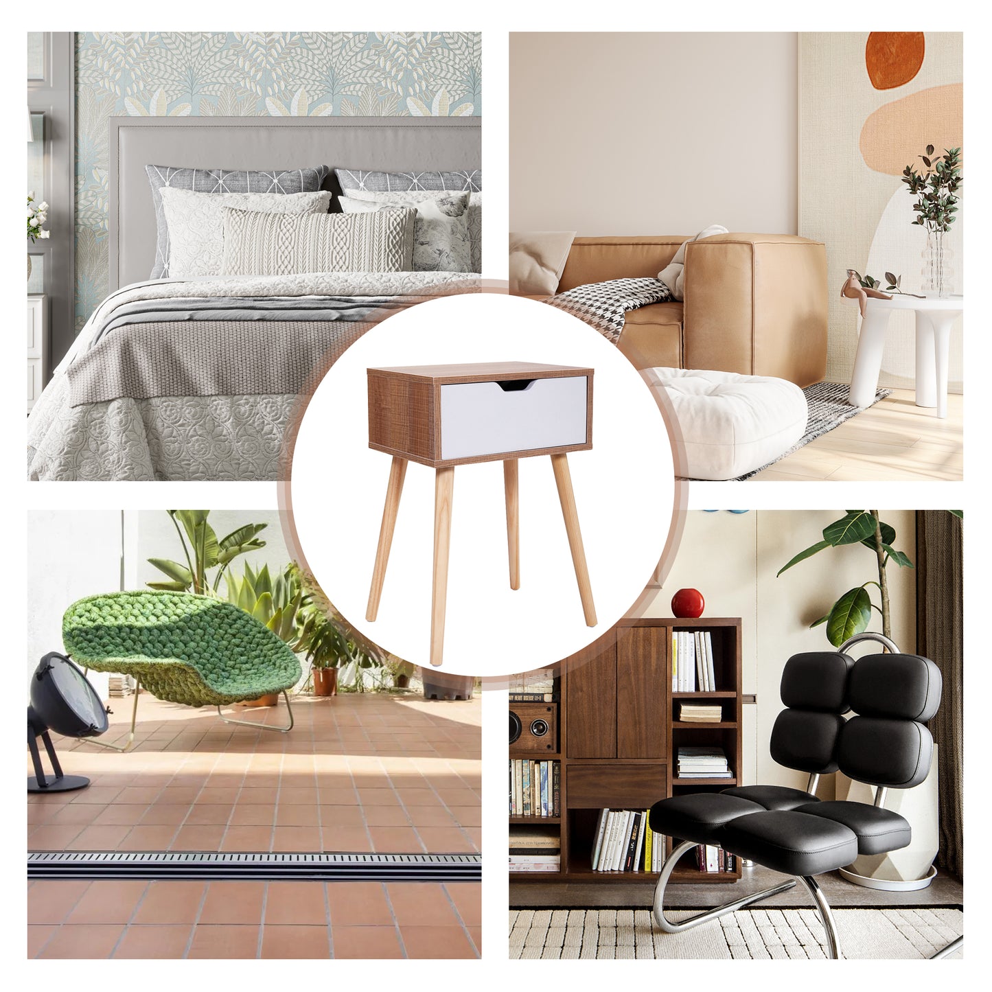 Sesslife Nightstand Set of 2 with a Drawer, Solid Wood Legs Furniture Bedside Table, Modern End Side Table, Versatile Nightstand, Corner Storage Cabinet for Bedroom Sofa Entryway, White+Natural