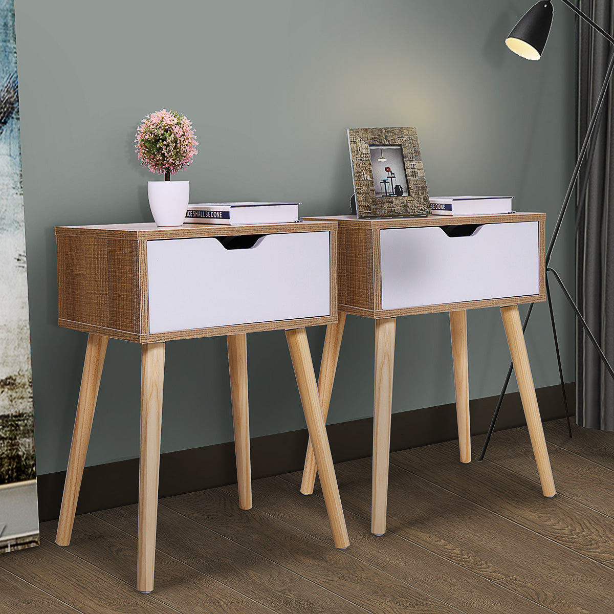 Sesslife Nightstand Set of 2 with a Drawer, Solid Wood Legs Furniture Bedside Table, Modern End Side Table, Versatile Nightstand, Corner Storage Cabinet for Bedroom Sofa Entryway, White+Natural