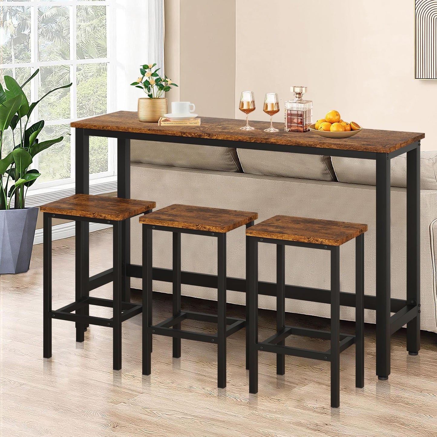 Counter Height Dining Table Set, 4 Pieces Bistro Table Set with 3 Stools, Modern Small Pub Table and Chairs Set, Brown Compact Kitchen Table Set, JA1885