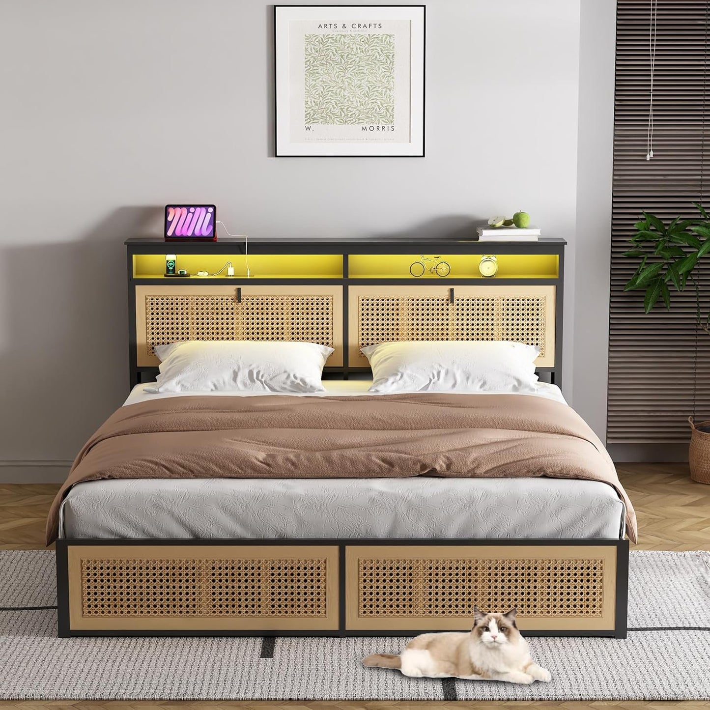 Sesslife Rattan Full Size Bed Frame with LED Lights and Charging Station, Farmhouse Metal Platform Bed with Storage Headboard and Cat Cabinet, Strong Slats Support, No Box Spring Needed, Black