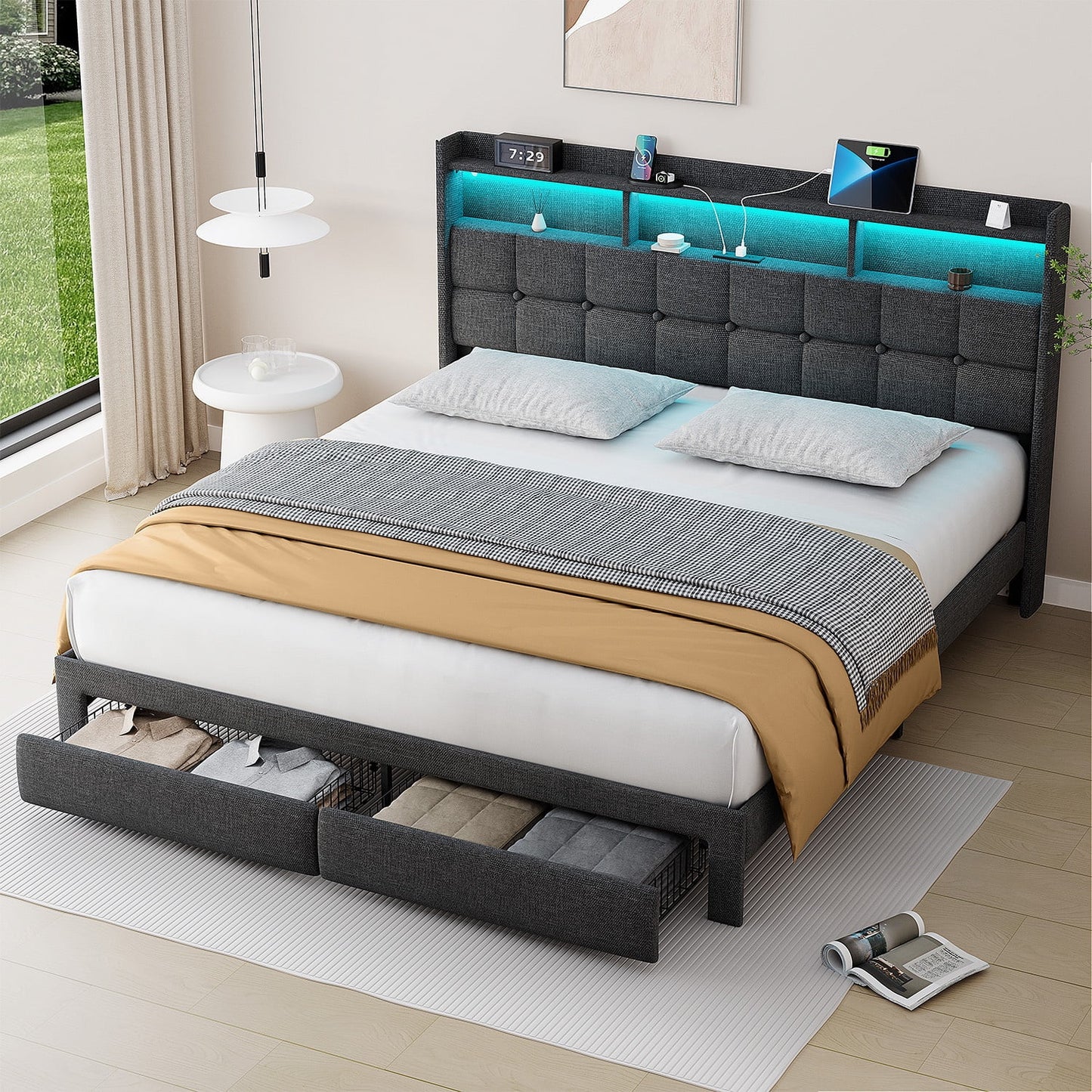 Sesslife King LED Bed Frame with 2 Storage Drawers, Wood Platform Bed with Wingback Upholstered Storage Headboard and Charging Station, Strong Wooden Slats Support, No Box Spring Needed, Dark Gray