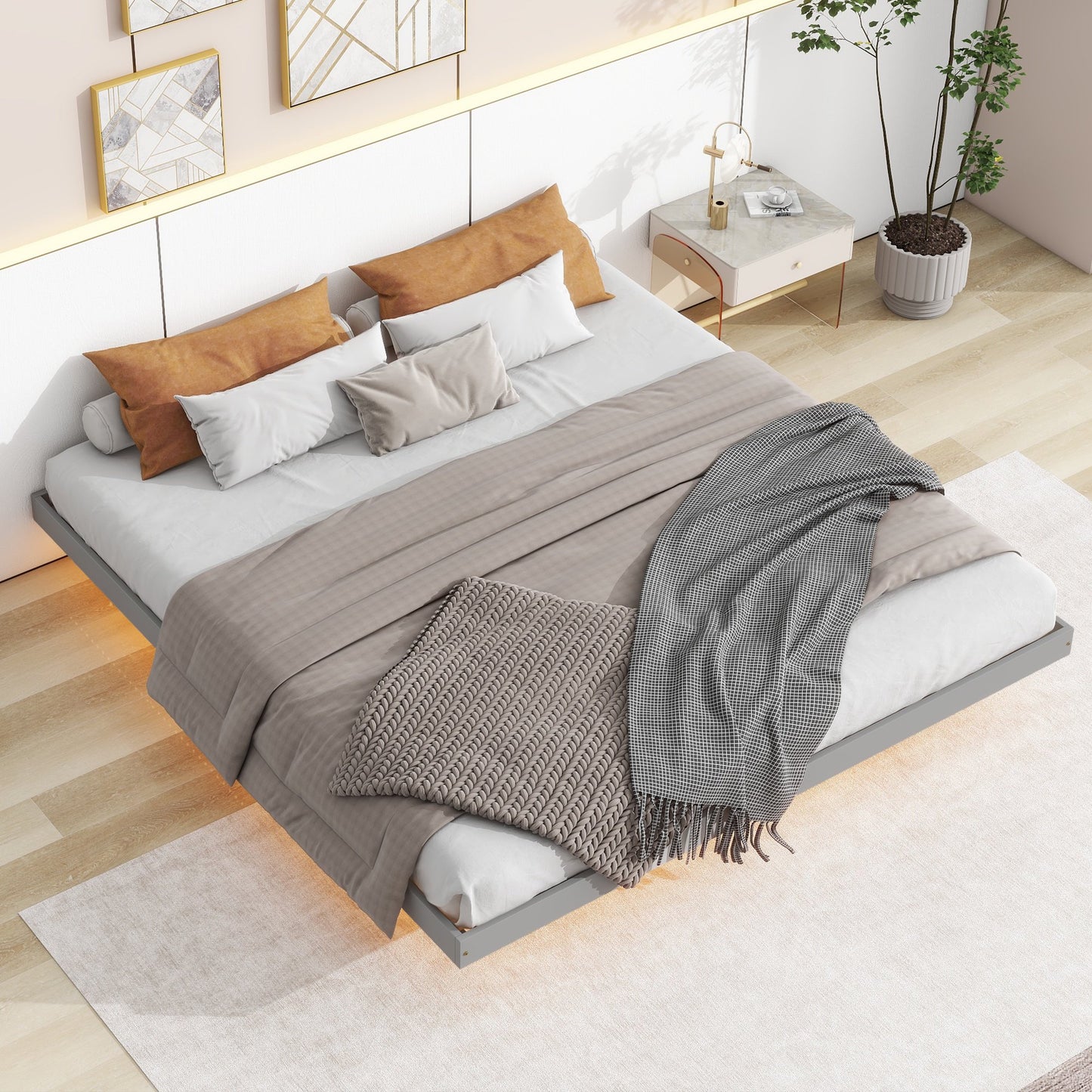 Sesslife Full Size Floating Bed Frame with LED Lights Underneath, Modern Low Profile Wood Platform Bed, Full Bed with Strong Slats Support, Easy Assembly, Noise Free, No Box Spring Needed, Gray