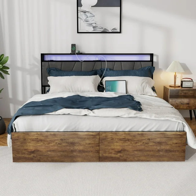 Sesslife LED King Bed Frame with Storage, Metal Platform Upholstered Bed Frame with Storage Headboard, Power Charging Station, and LED Light, 2 Drawers King Bed Frame No Box Spring Needed, Brown
