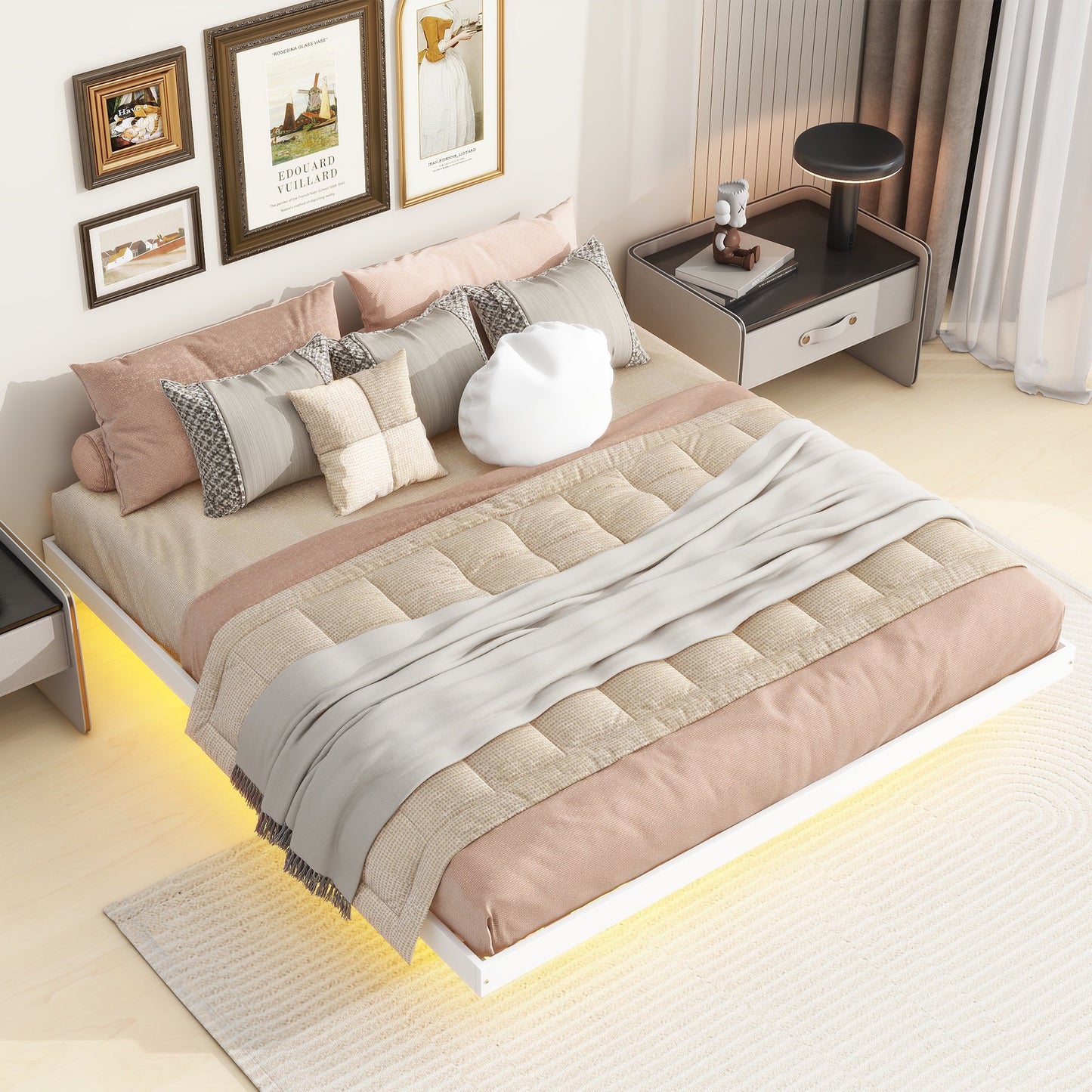 Sesslife Full Size Floating Bed Frame with LED Lights Underneath, Modern Low Profile Wood Platform Bed, Full Bed with Strong Slats Support, Easy Assembly, Noise Free, No Box Spring Needed, Gray
