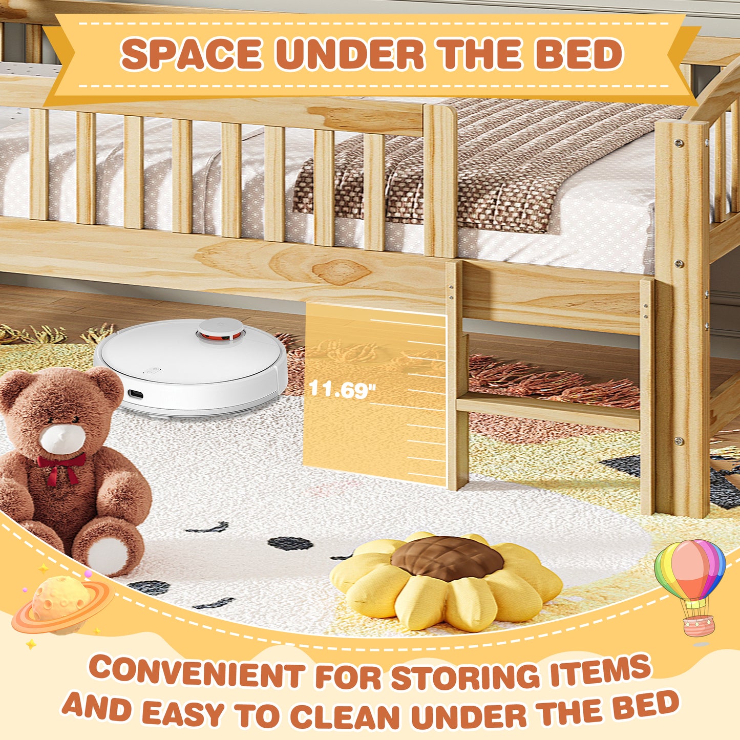SESSLIFE Twin Size Platform Bed for Kids, Solid Wood Toddler Bed Frame with Slats, Fence Guardrail Ladder, Montessori Floor Bed for Boys Girls, No Box Spring Needed, Holds 400 lbs, Natural