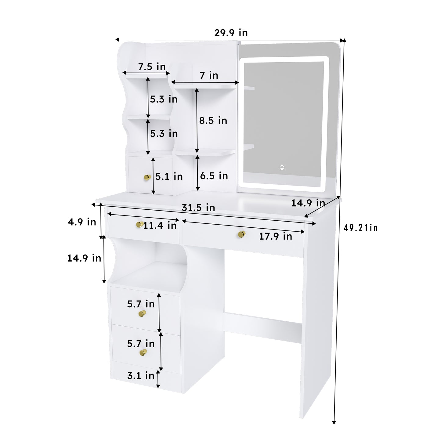SESSLIFE Vanity Desk with 3 Color Lights and Mirror, 5-Drawer Makeup Dressing Table with Storage, LED Lighted Vanity Table , Makeup Vanity with Drawers for Bedroom, White